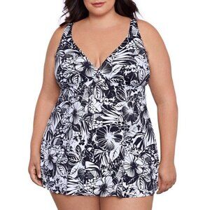 Swim Solutions Womens Size 24W Navy/White Tropical Floral Swimdress Swimsuit